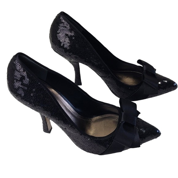 Joan & David WOMENS Black Sequin Satin Bow High Heel Evening Stiletto Pumps Sz 9 - Picture 1 of 9